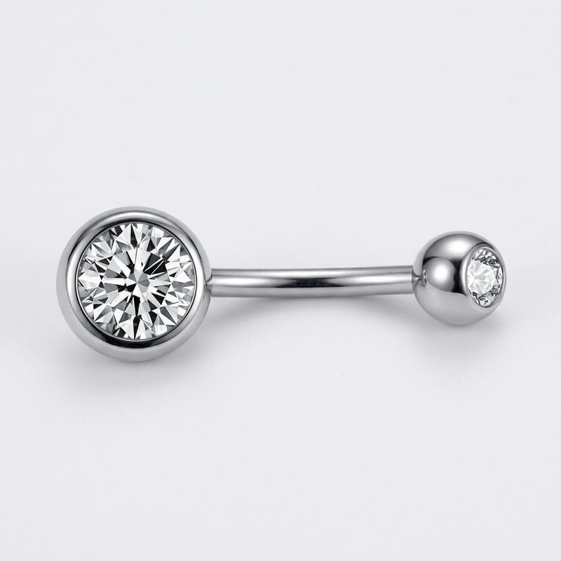 14G titanium navel ring with double clear bezel-set CZ gems, flat-lay view on white background