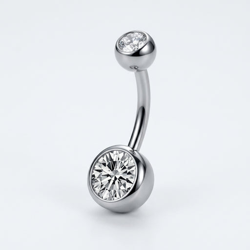 14G titanium navel ring with double clear bezel-set CZ gems, curved barbell in a three-quarter view.