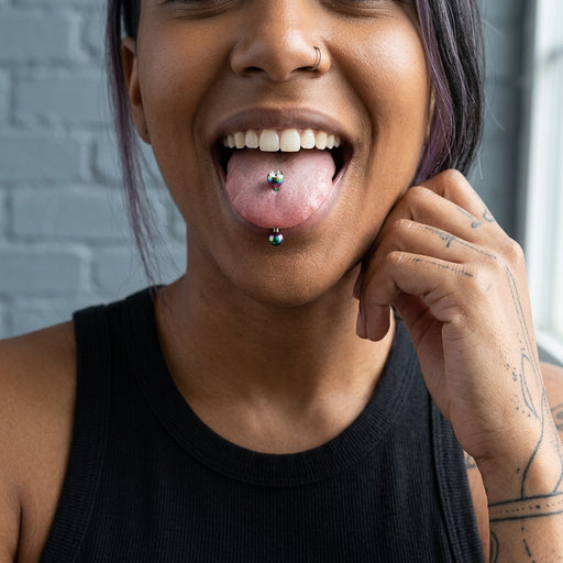 14G PVD coated steel tongue ring with colorful rainbow ball ends and a clear gem, worn in a tongue piercing.