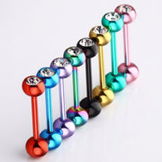 14G PVD coated steel tongue rings with colorful ball ends and clear CZ gems, diagonal row, three-quarter view