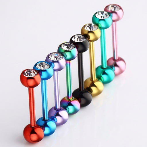 14G PVD coated steel tongue rings with colorful ball ends and clear CZ gems, diagonal row, three-quarter view