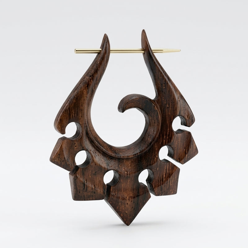 16G Sono wood tribal ornament earring with hand-carved spiral design and brass pin, three-quarter view