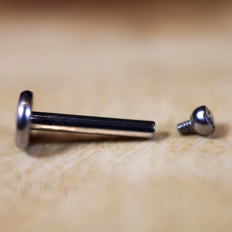 16G titanium labret stud with 2mm and 3mm clear cubic zirconia gems, features an internally threaded design and a lightweight construction for comfort.