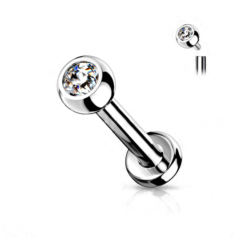 16G titanium labret stud with 2mm and 3mm cubic zirconia gems, featuring an internally threaded design for comfortable wear.