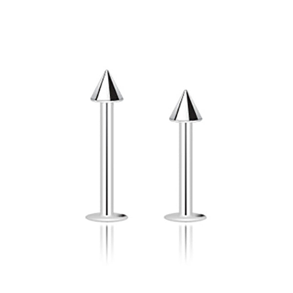 16G titanium labret stud with 3mm spike end for a bold punk-inspired lip piercing design. Available in 5/16" and 3/8" lengths.