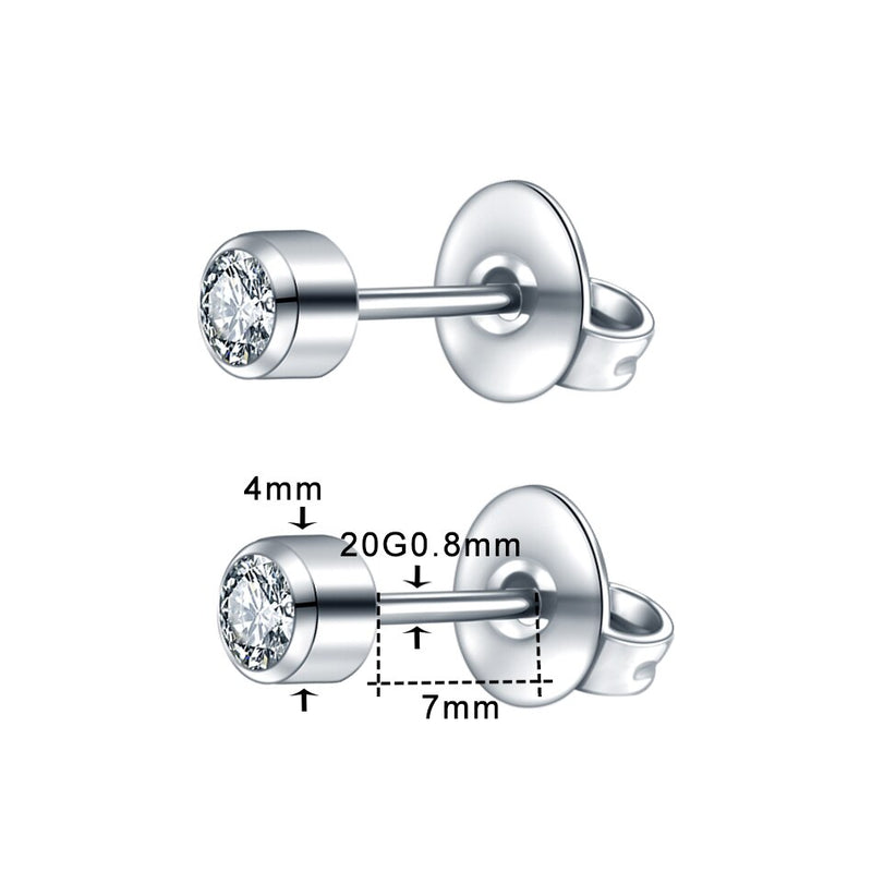 20G surgical steel stud earrings featuring 4mm cubic zirconia gems for elegant sparkle and lightweight comfort.