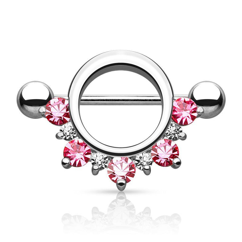 14G surgical steel nipple shields with half-circle pink cubic zirconia gems for stylish and comfortable wear.