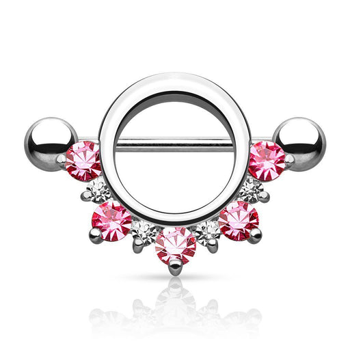Surgical Steel Nipple Shield Pair: Half Circle Cubic Zirconia - Pink Color - vitalbodyjewelry