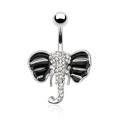 Surgical Steel Navel Belly Button Ring:Elephant w/Paved Gems,Black Enamel Ear - vitalbodyjewelry