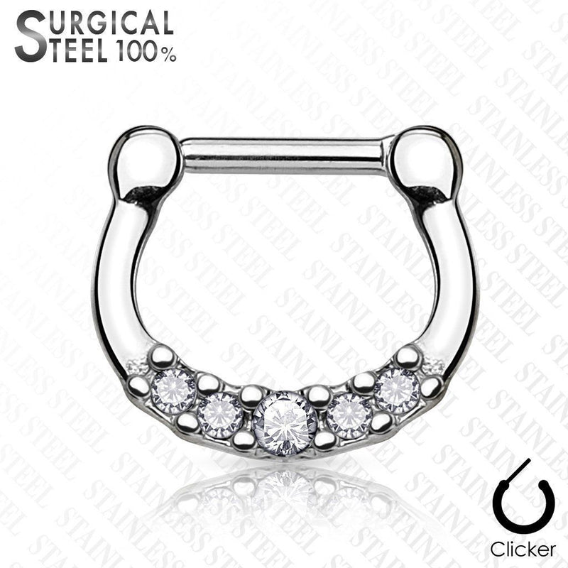 16G PVD coated septum clicker with five sparkling cubic zirconia gems for an elegant yet edgy style