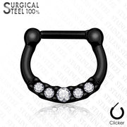 16G PVD coated septum clicker with five sparkling cubic zirconia gems for a stylish and secure fit