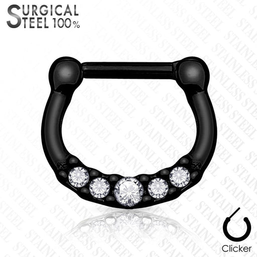 Black: PVD Coated Septum Clicker With 5 Cubic Zirconia Gems (Vital Body Jewelry) - vitalbodyjewelry