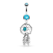 14G surgical steel belly ring with dream catcher design and dangling beads and feathers for a unique, eye-catching look