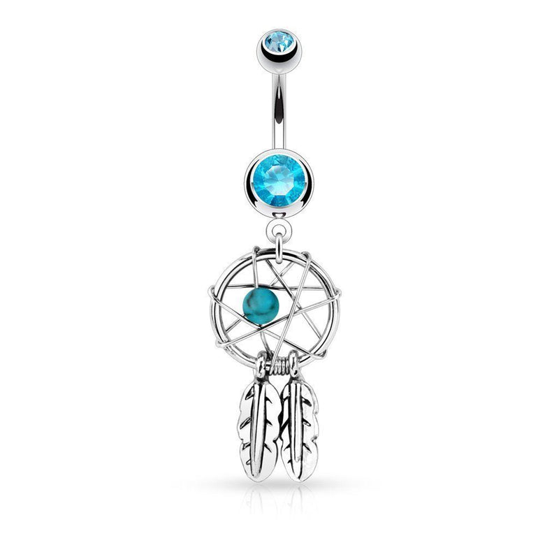 14G surgical steel belly ring with dream catcher design and dangling beads and feathers for a unique, eye-catching look