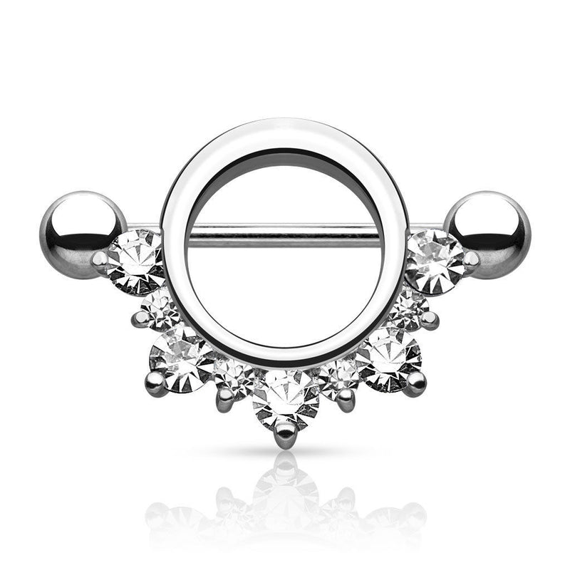 14G surgical steel nipple shields with half-circle cubic zirconia gems for elegant body jewelry style and comfort