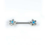 14G surgical steel nipple rings with opal glitter center and cubic zirconia flower design, externally threaded for secure wear.