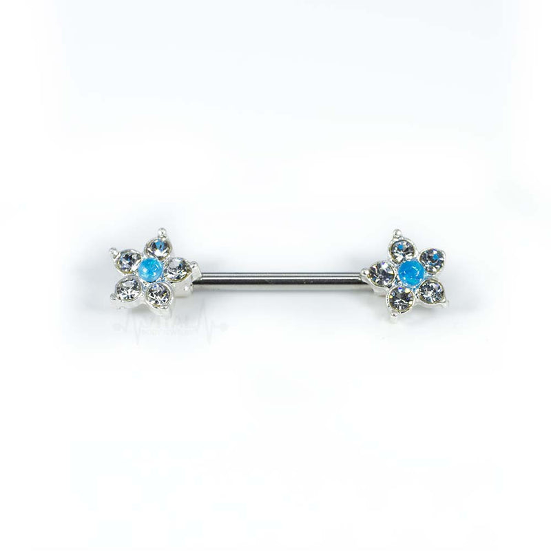 14G surgical steel nipple rings with opal glitter center and cubic zirconia flower design, externally threaded for secure wear.