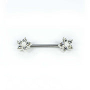 14G surgical steel nipple rings with opal glitter and a cubic zirconia flower design, featuring externally threaded double front facing gems.