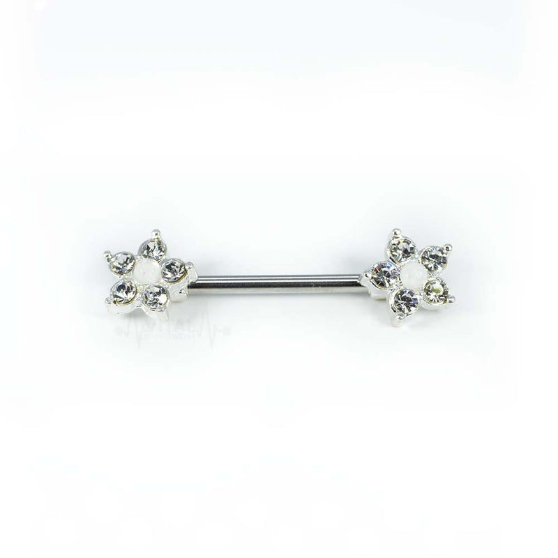 14G surgical steel nipple rings with opal glitter and a cubic zirconia flower design, featuring externally threaded double front facing gems.