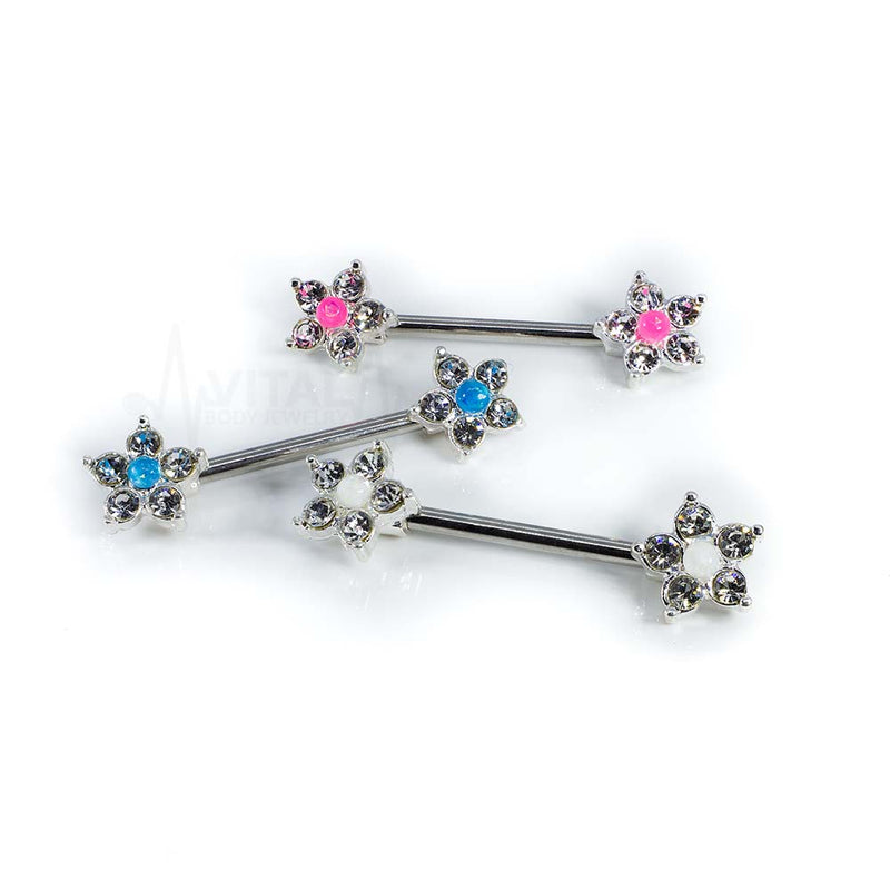 14G surgical steel nipple rings with opal glitter and a five CZ flower design, featuring an externally threaded style for secure attachment