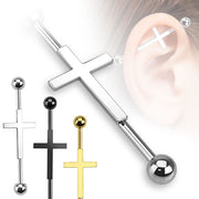 14G PVD coated surgical steel industrial barbell with cross design and 5mm ball ends for ear or body piercing.
