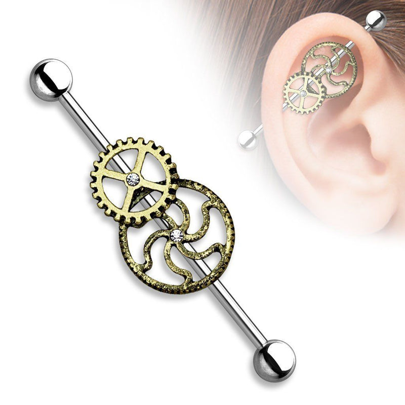 14G surgical steel industrial barbell with burnished gold finish in unique steampunk design for comfortable and stylish piercings