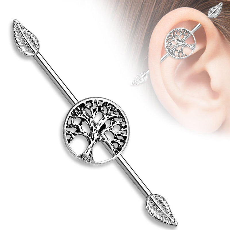 14G surgical steel industrial barbell with externally threaded design featuring a tree of life symbol for spiritual growth and personal expression