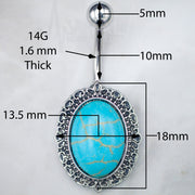 14G surgical steel belly ring with big turquoise stone, externally threaded for secure installation and stylish design.