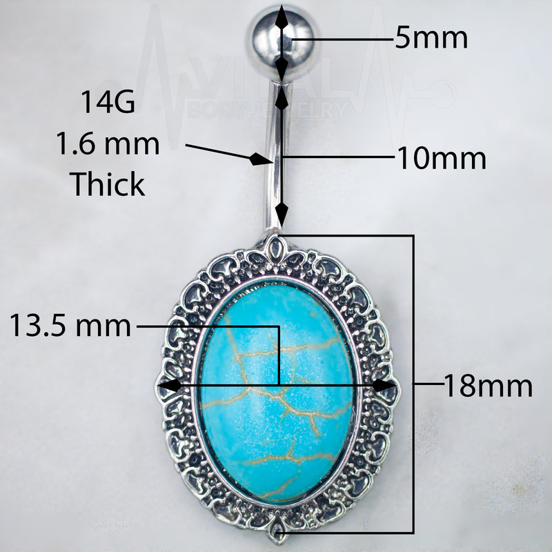14G surgical steel belly ring with big turquoise stone, externally threaded for secure installation and stylish design.