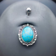 14G surgical steel belly ring with big turquoise stone, externally threaded design for secure installation