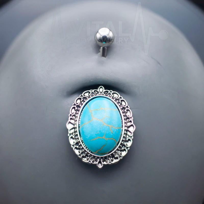 14G surgical steel belly ring with big turquoise stone, externally threaded design for secure installation