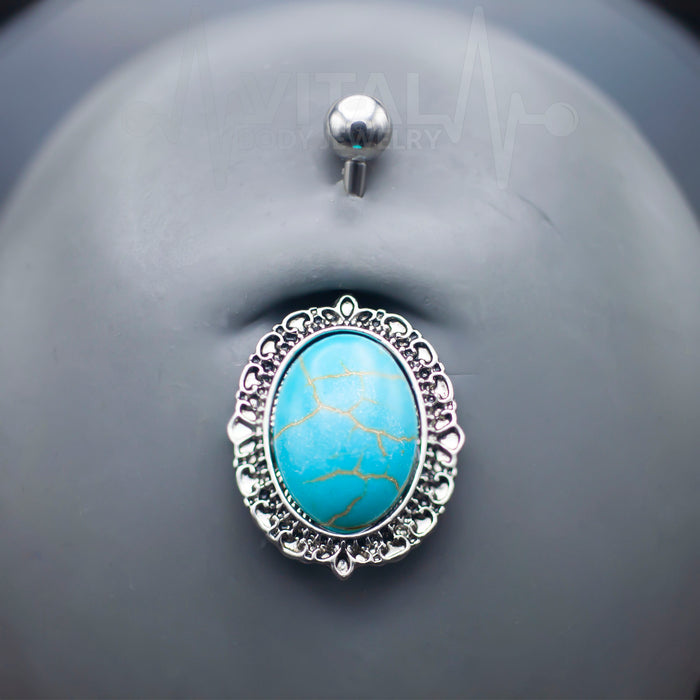 14G Big Turquoise Stone Belly Ring, Surgical Steel
