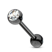 14G PVD coated surgical steel tongue barbell with cubic zirconia gem, featuring externally threaded design for easy wear and secure fit.