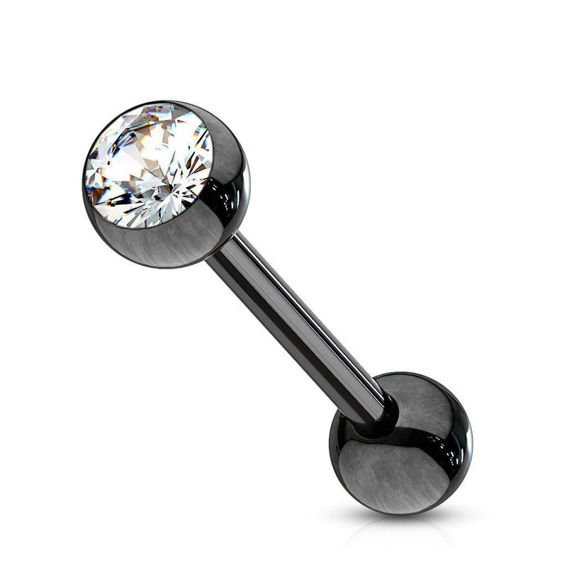 14G PVD coated surgical steel tongue barbell with cubic zirconia gem, featuring externally threaded design for easy wear and secure fit.