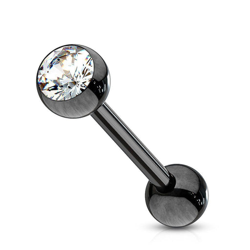 Black Tongue Barbell: PVD Coated Surgical Steel With Cubic Zirconia Gem - vitalbodyjewelry