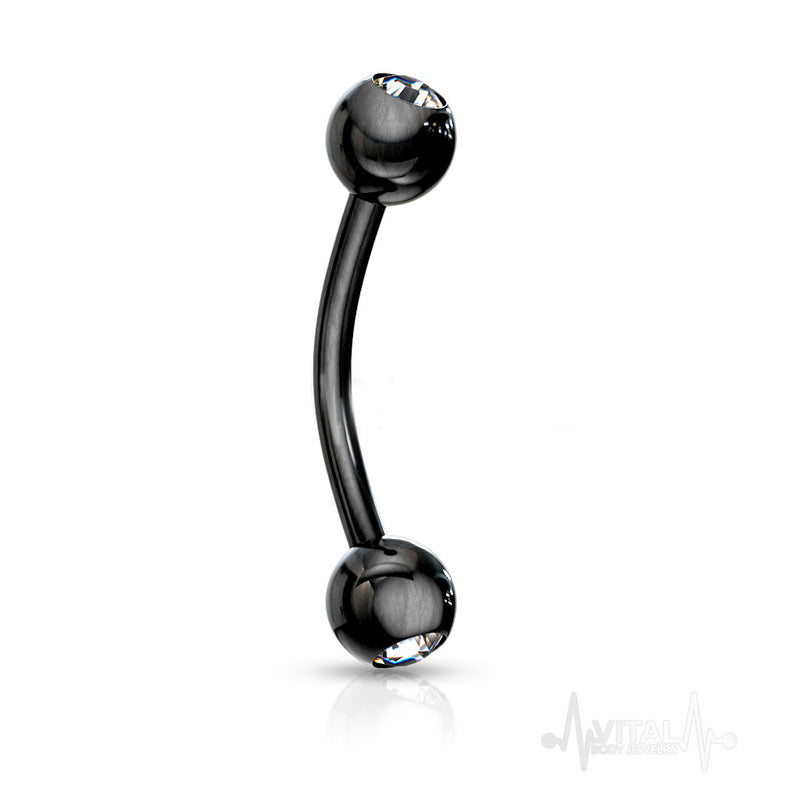 16G PVD coated surgical steel curved eyebrow barbell with clear cubic zirconia gem for stylish piercings in various lengths.