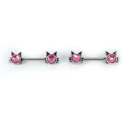 14G surgical steel nipple rings with pink cubic zirconia gems in playful kitty cat design for a whimsical touch.