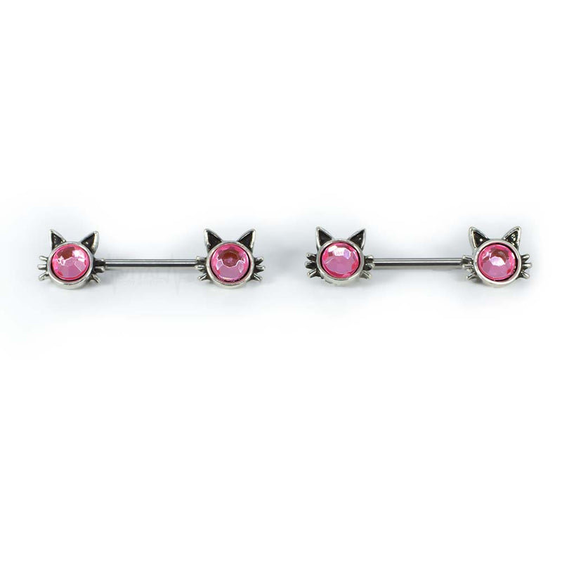 14G surgical steel nipple rings with pink cubic zirconia gems in playful kitty cat design for a whimsical touch.