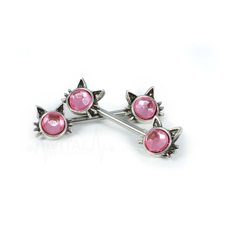 14G surgical steel nipple rings with pink cubic zirconia jewels, featuring playful kitty cat design and externally threaded for secure fit