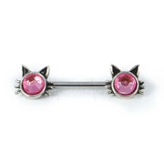 14G surgical steel nipple rings with pink cubic zirconia jewels, externally threaded design featuring double front-facing gems