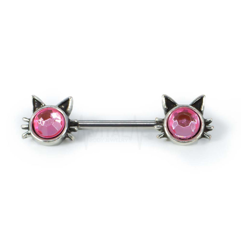 14G surgical steel nipple rings with pink cubic zirconia jewels, externally threaded design featuring double front-facing gems