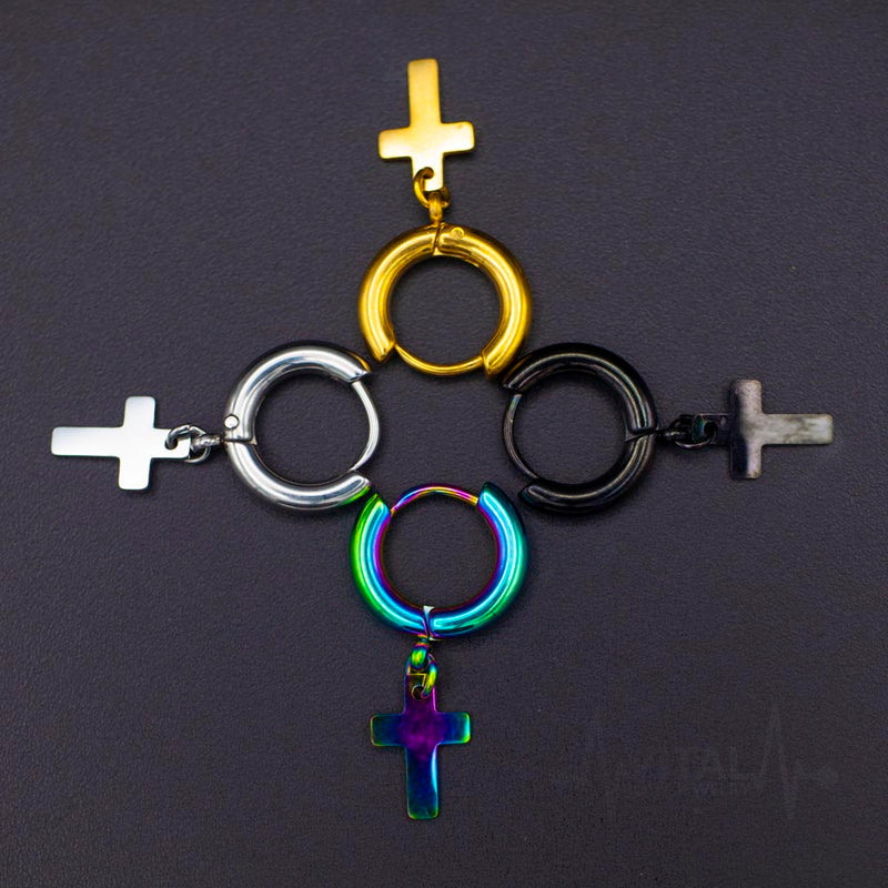 18G surgical steel cross dangle earrings with a sleek design, hypoallergenic for sensitive skin, suitable for everyday wear.