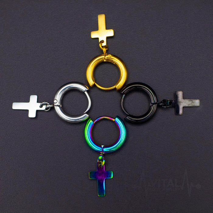 Pair of Cross Earrings in Black, Silver Gold and Rainbow Colors, Hinged Hoop with Cross Dangle for Men and Women