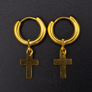 18G surgical steel earrings with a cross dangle design, featuring a sleek style suitable for both men and women