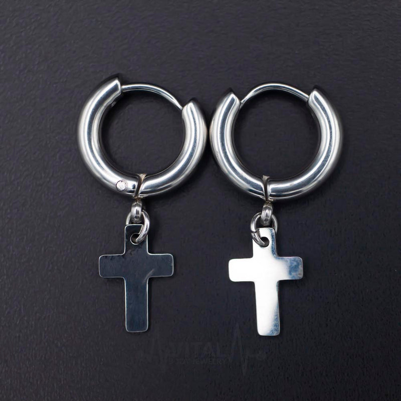 18G surgical steel cross dangle earrings with a sleek design, suitable for men and women, hypoallergenic for sensitive skin