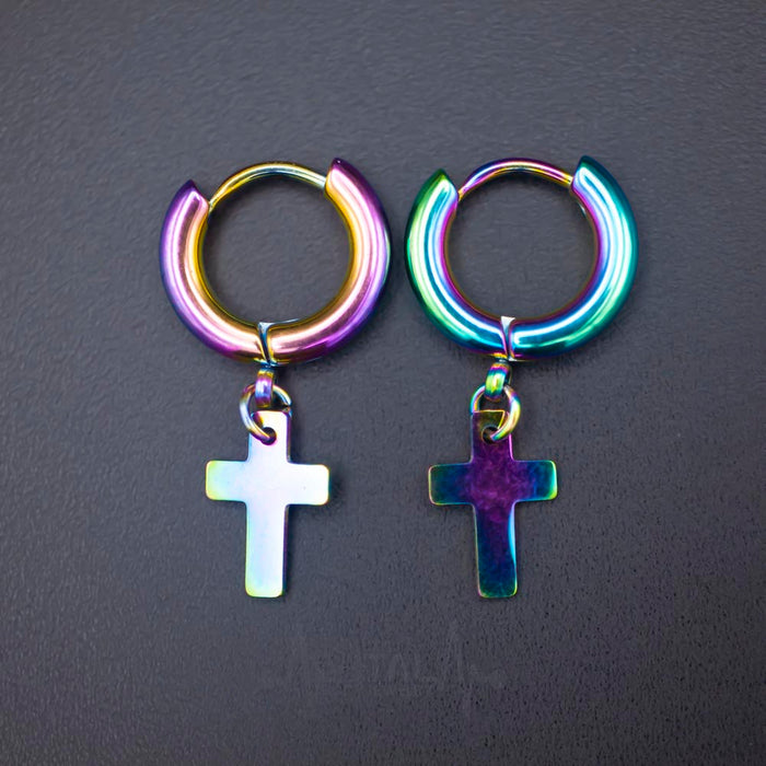 Pair of Cross Earrings in Black, Silver Gold and Rainbow Colors, Hinged Hoop with Cross Dangle for Men and Women