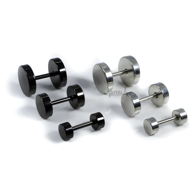 16G PVD coated surgical steel fake plugs with a black finish, designed for a stylish simulated stretched earlobe look.