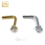 18G 14K gold L-bend nose ring stud with 2mm cubic zirconia gem for a sparkling and elegant look