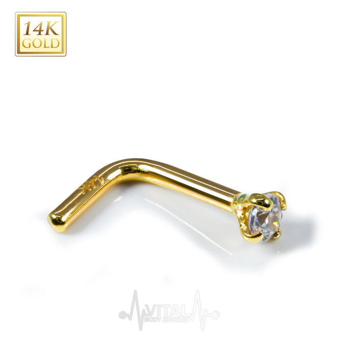 18G 14K Gold Nose Ring Stud, 2mm Prong Set, Cubic Zirconia Clear Diamond Gem, L Shape Bend • Vital Body Jewelry