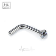 18G 14K gold nose ring stud with 2mm cubic zirconia gem in L shape design for comfortable everyday wear